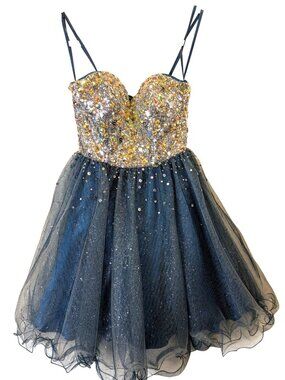 Coya Collection XS Blue Beaded Sequin Tulle Prom Dress Strapless Formal Mini